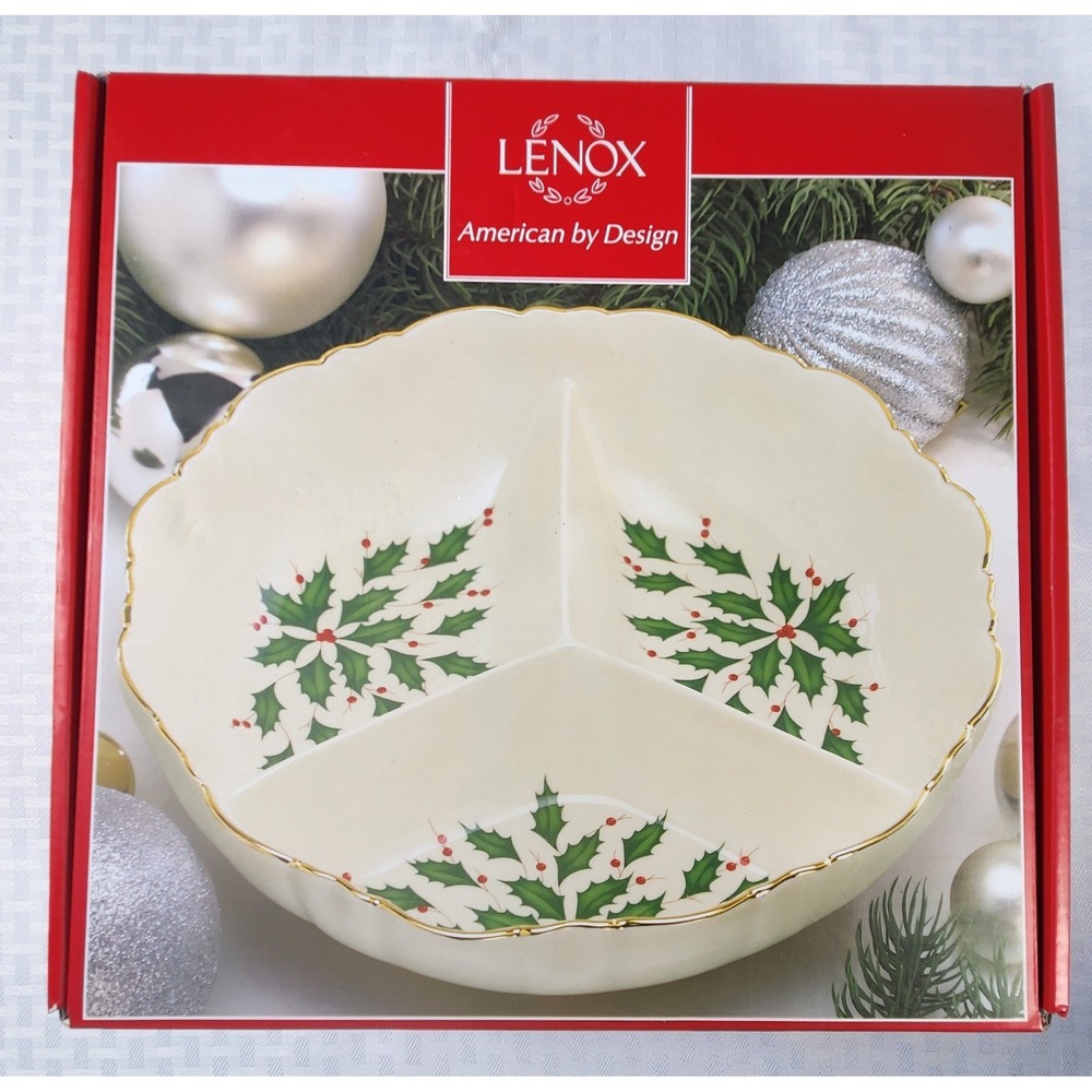 Lenox Holiday Archive 3 Sections Server Relish Holly Berries Gold Trim New!